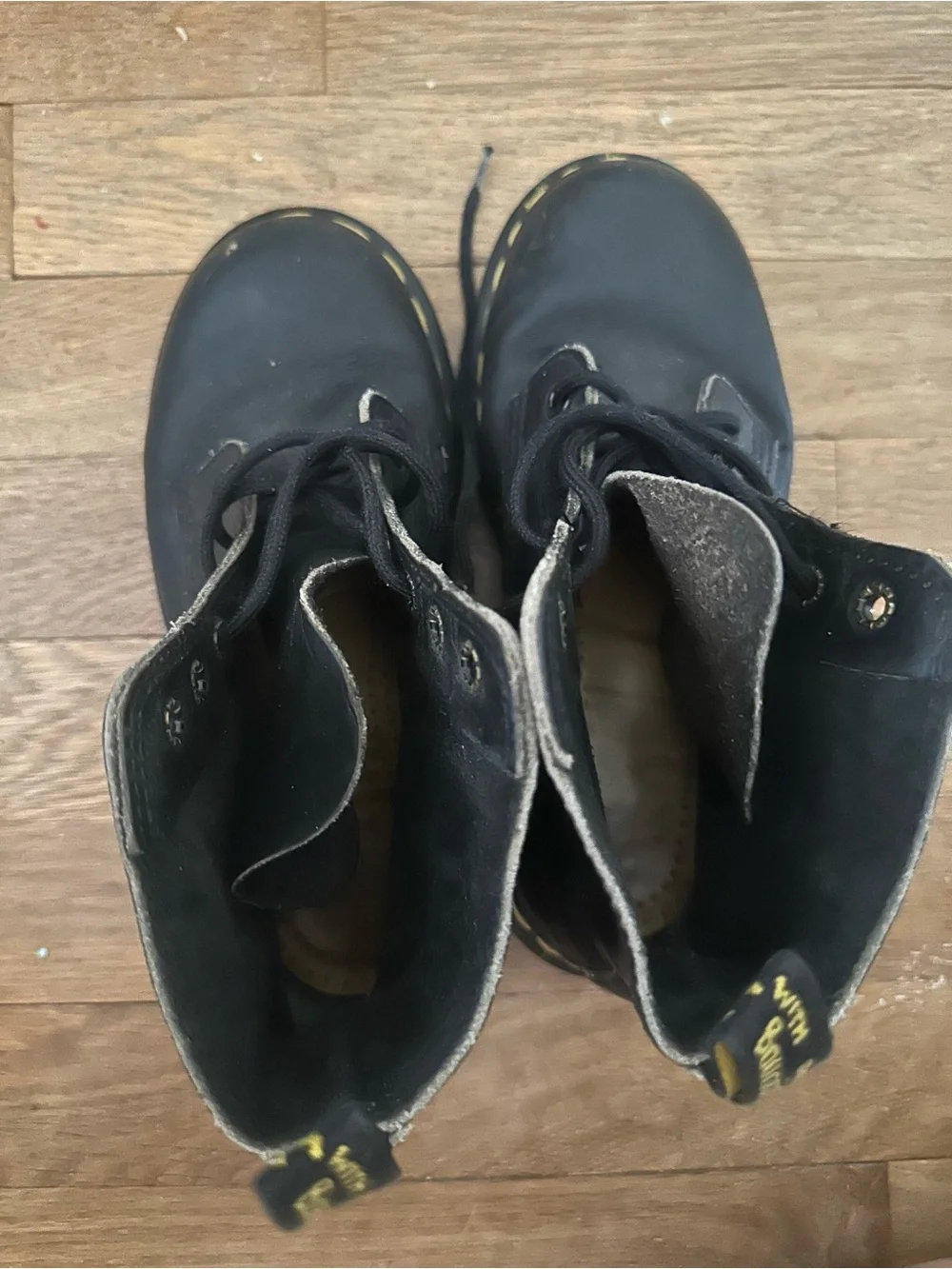 Dr. Martens Kids Black Lace-Up Leather Boots with Yellow Stitching